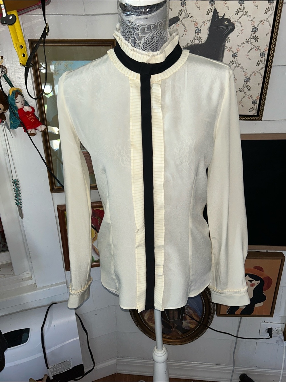 Roberto Cavalli Cream Long-Sleeve Blouse with Black Trim